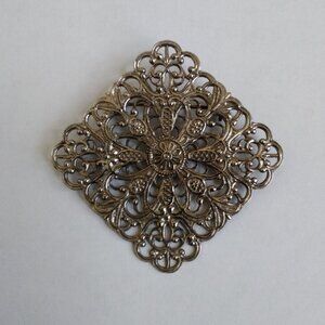Antique Silver Filigree Ornate Clover Fashion Brooch